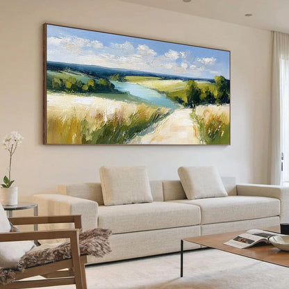 GOLDEN MEADOW PATH: Textured Impasto Landscape Painting of a Countryside River | Landscape mood, soft natural light studio shot