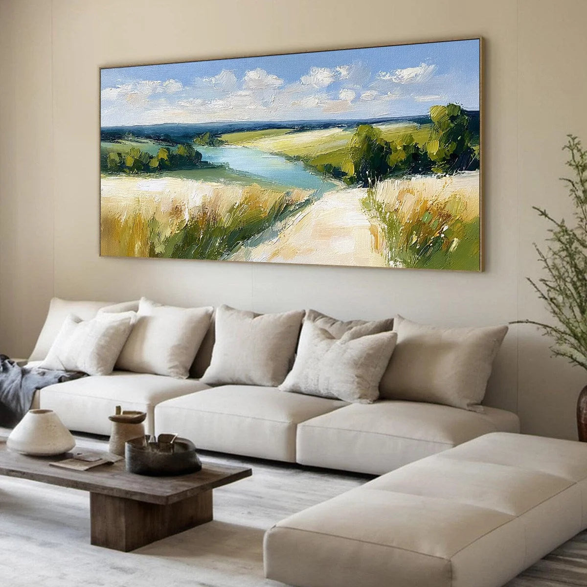 GOLDEN MEADOW PATH: Textured Impasto Landscape Painting of a Countryside River | yellow palette, original oil on stretched canvas art