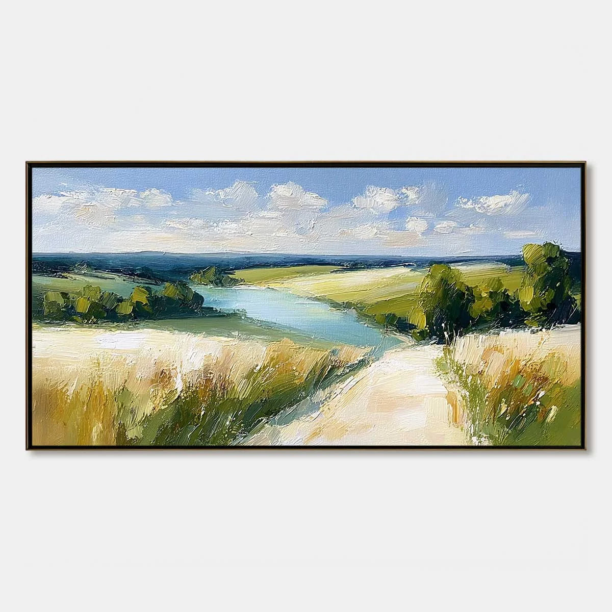 GOLDEN MEADOW PATH: Textured Impasto Landscape Painting of a Countryside River | hanging in living room, Landscape wall art