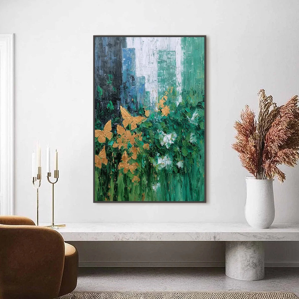 GOLDEN METAMORPHOSIS: Textured Abstract Cityscape Painting with Golden Butterflies | Abstract closeup, raised brushwork detail