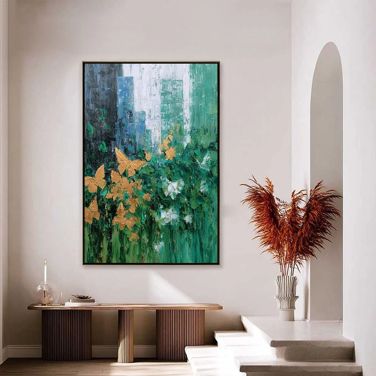 GOLDEN METAMORPHOSIS: Textured Abstract Cityscape Painting with Golden Butterflies | gold frame stretched on neutral wall