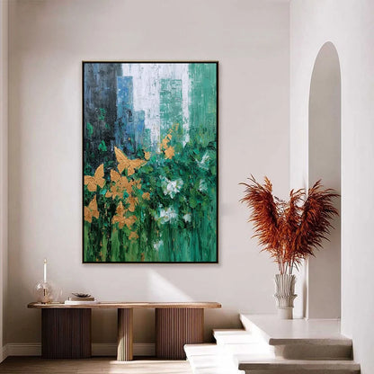 GOLDEN METAMORPHOSIS: Textured Abstract Cityscape Painting with Golden Butterflies | gold frame stretched on neutral wall