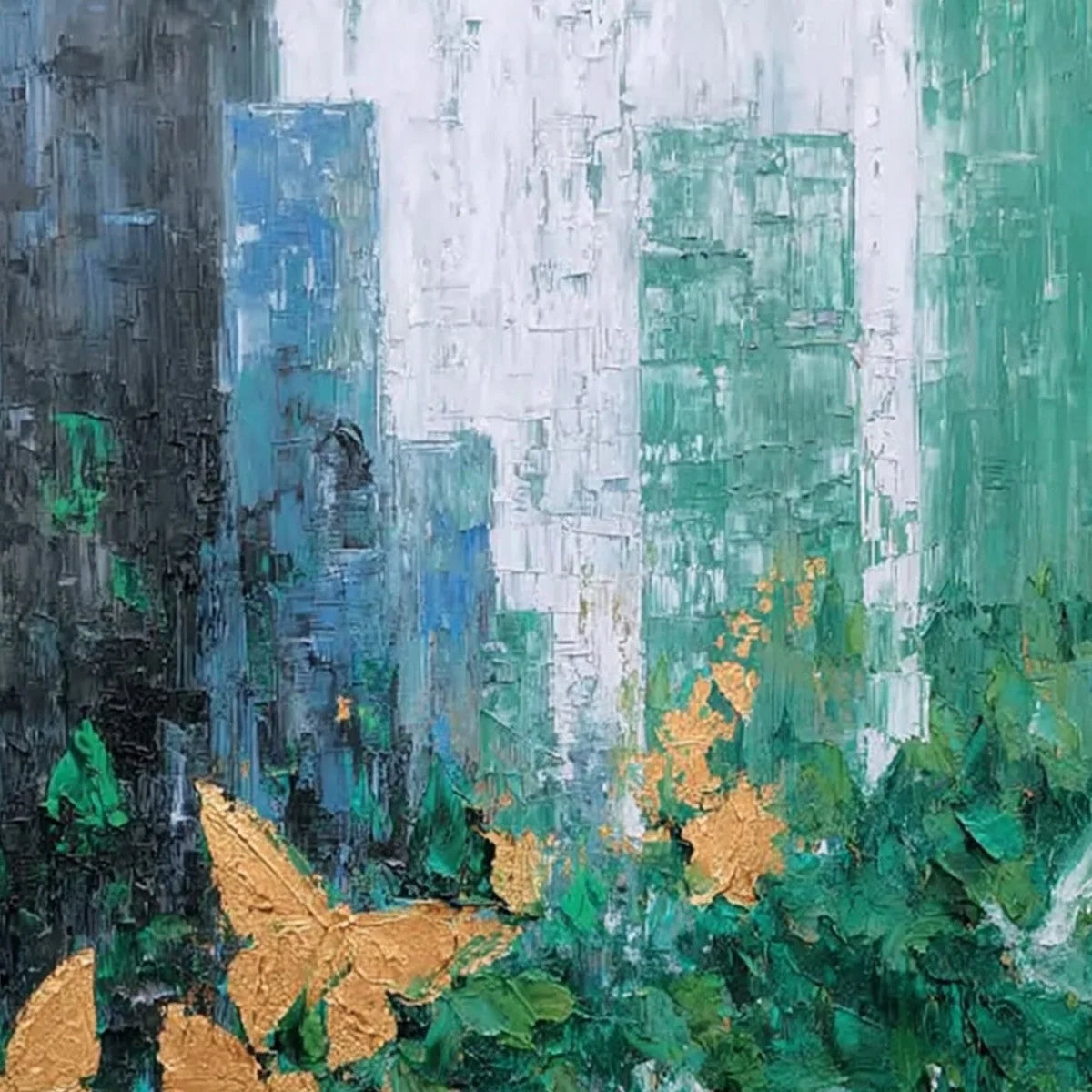GOLDEN METAMORPHOSIS: Textured Abstract Cityscape Painting with Golden Butterflies | rolled canvas, ready for custom framing