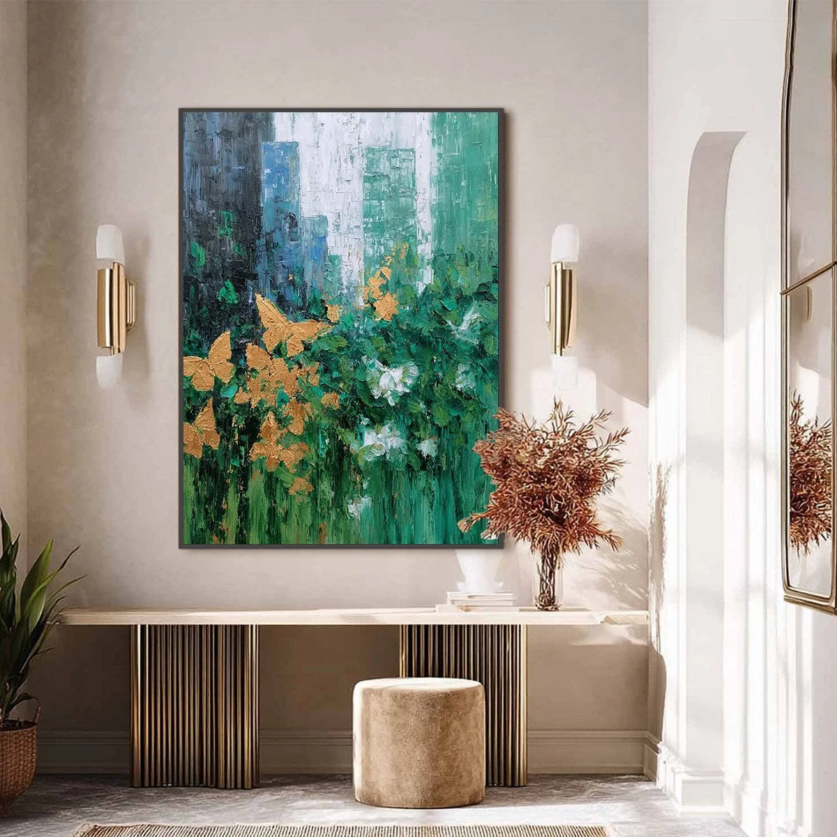 GOLDEN METAMORPHOSIS: Textured Abstract Cityscape Painting with Golden Butterflies | black frame version on white wall