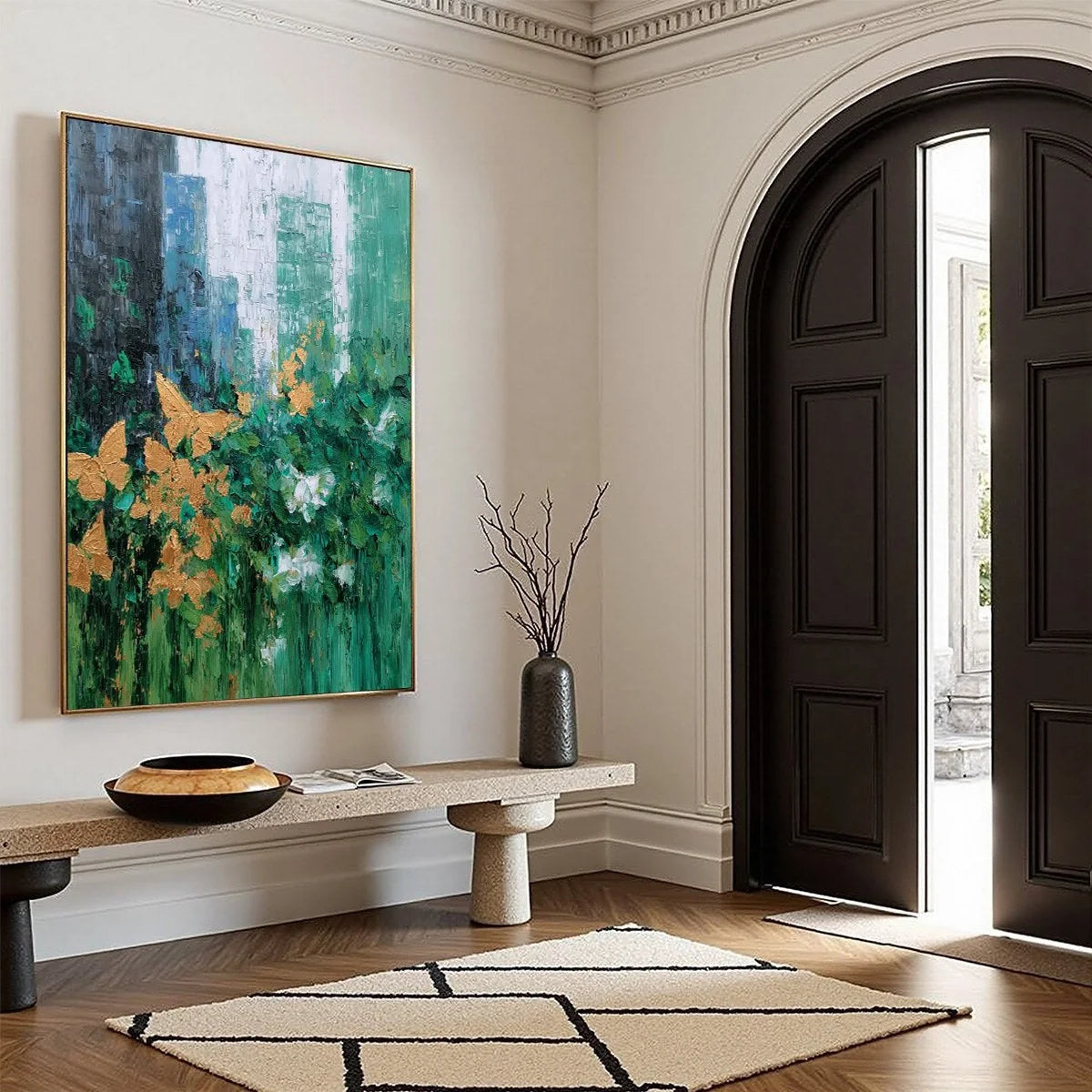 GOLDEN METAMORPHOSIS: Textured Abstract Cityscape Painting with Golden Butterflies | yellow palette, original oil on stretched canvas art