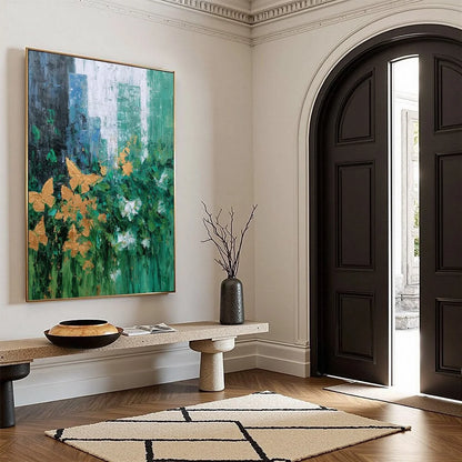 GOLDEN METAMORPHOSIS: Textured Abstract Cityscape Painting with Golden Butterflies | yellow palette, original oil on stretched canvas art