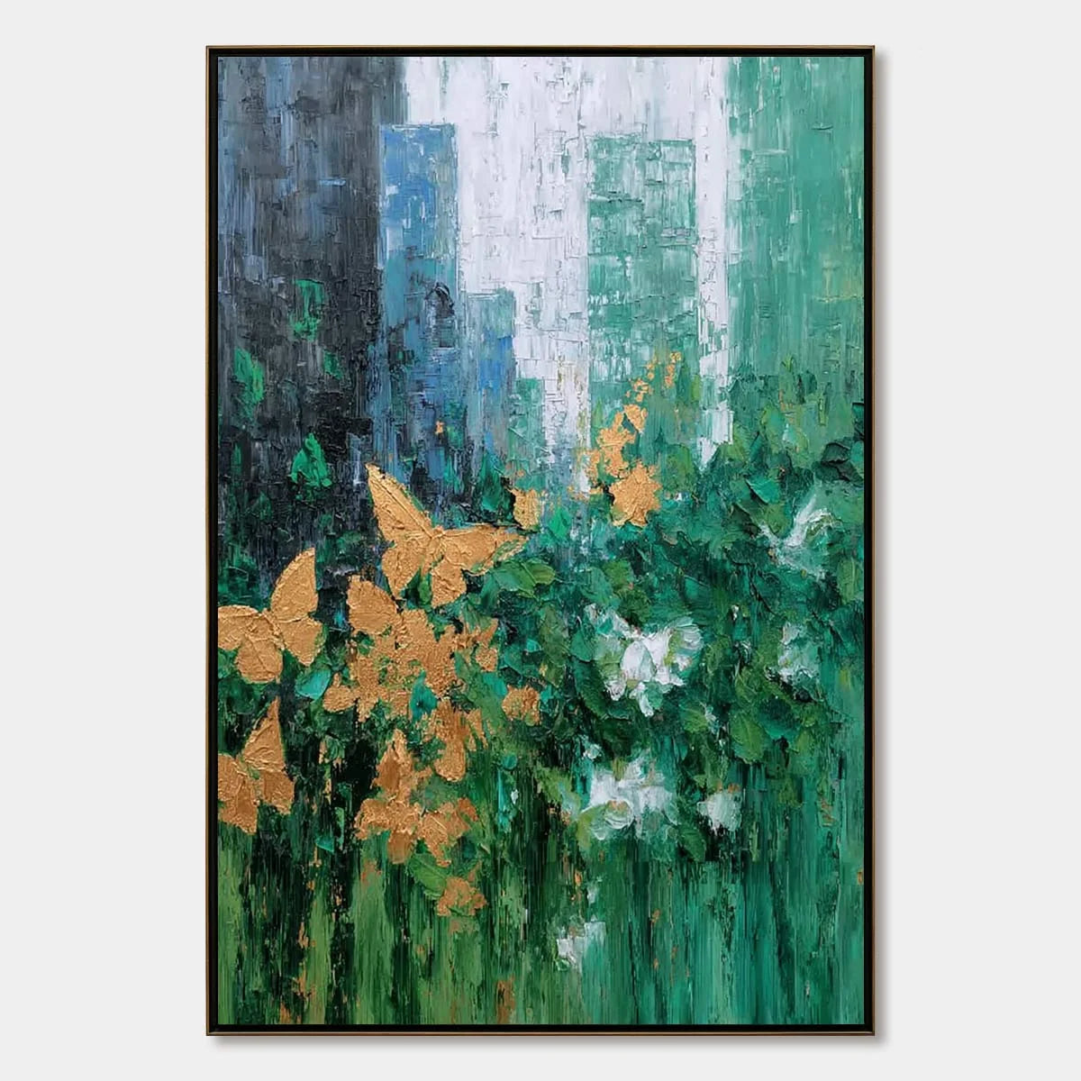 GOLDEN METAMORPHOSIS: Textured Abstract Cityscape Painting with Golden Butterflies | hanging in living room, Abstract wall art