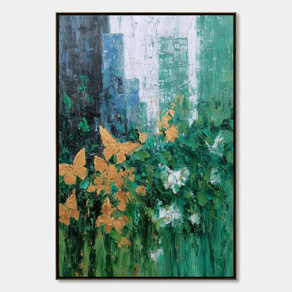 GOLDEN METAMORPHOSIS: Textured Abstract Cityscape Painting with Golden Butterflies | hanging in living room, Abstract wall art