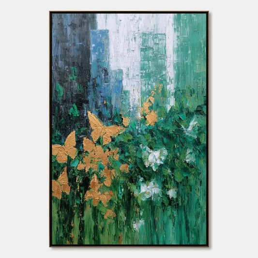GOLDEN METAMORPHOSIS: Textured Abstract Cityscape Painting with Golden Butterflies | hanging in living room, Abstract wall art