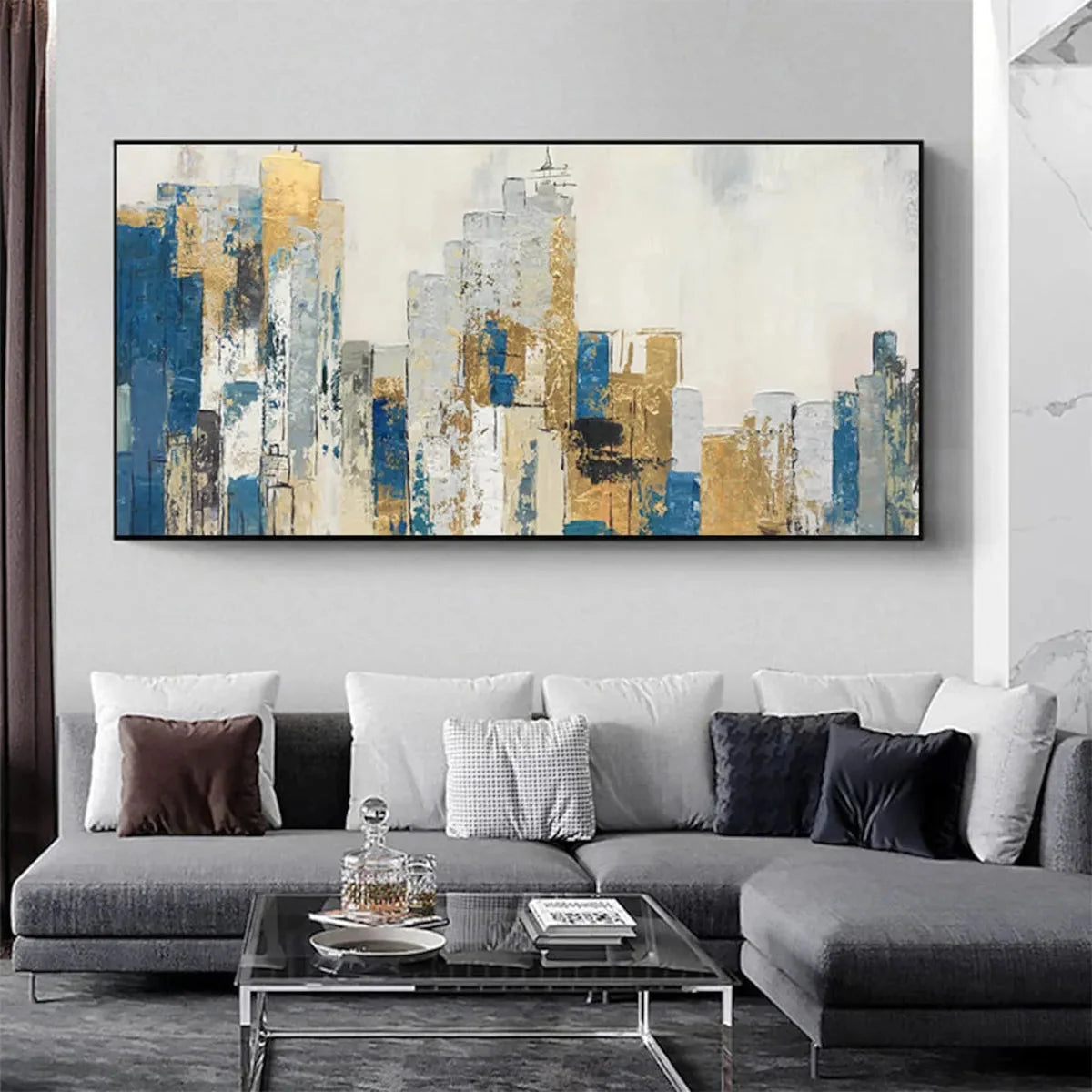 GOLDEN METROPOLIS: Abstract Cityscape Oil Painting in Gold and Blue | Abstract closeup, raised brushwork detail