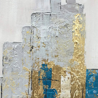 GOLDEN METROPOLIS: Abstract Cityscape Oil Painting in Gold and Blue | rectangular format, hand-painted canvas edge