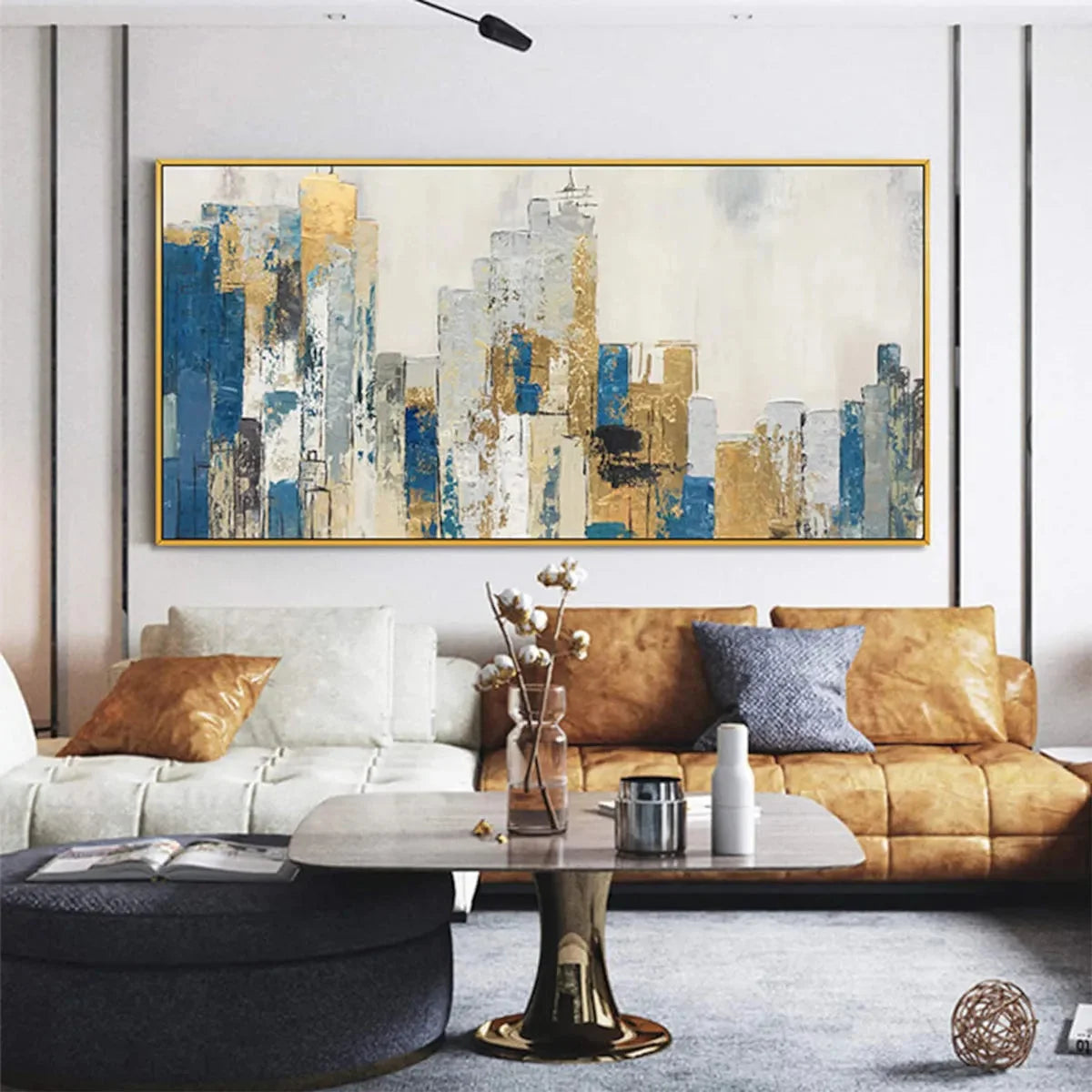GOLDEN METROPOLIS: Abstract Cityscape Oil Painting in Gold and Blue | gold frame stretched on neutral wall