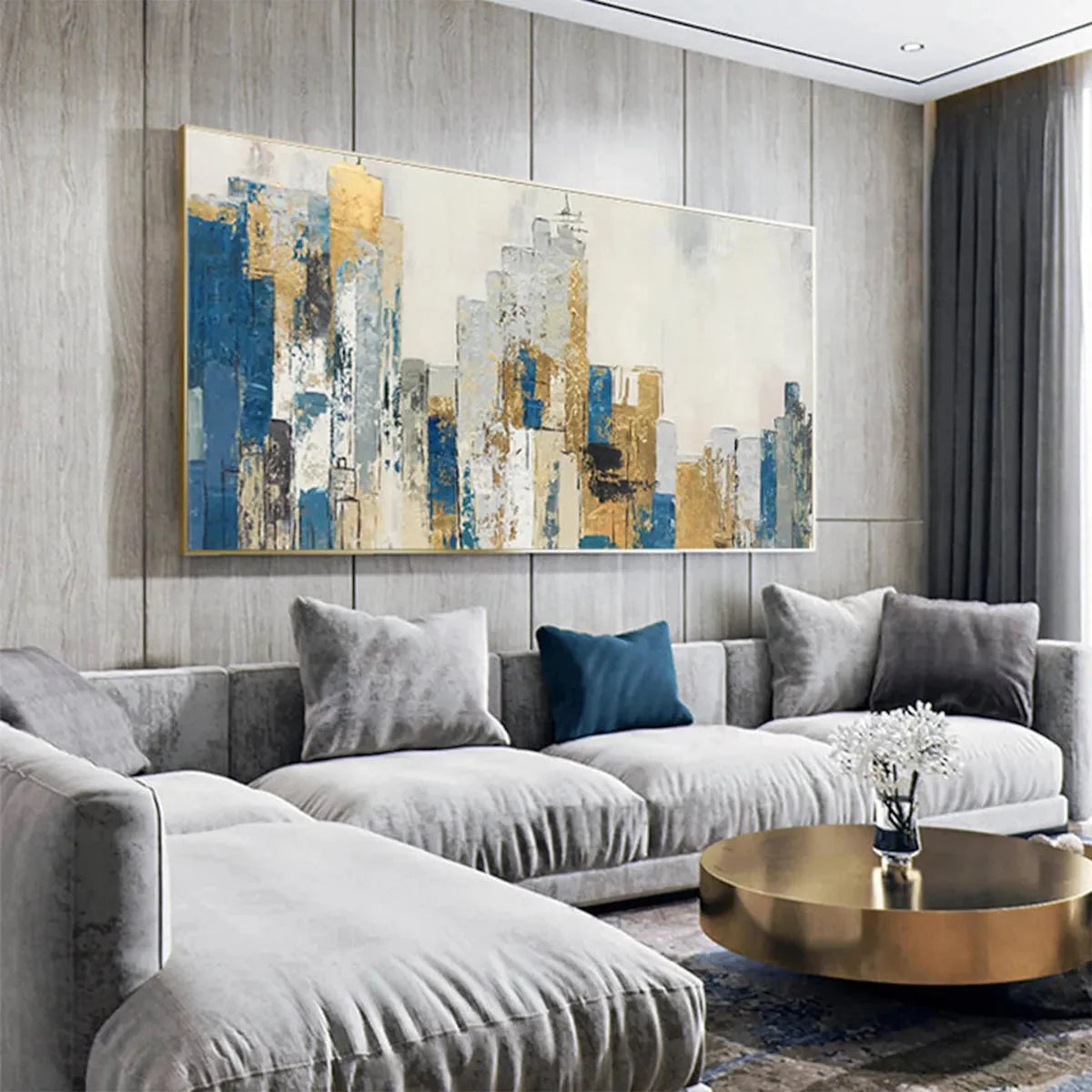 GOLDEN METROPOLIS: Abstract Cityscape Oil Painting in Gold and Blue | rolled canvas, ready for custom framing