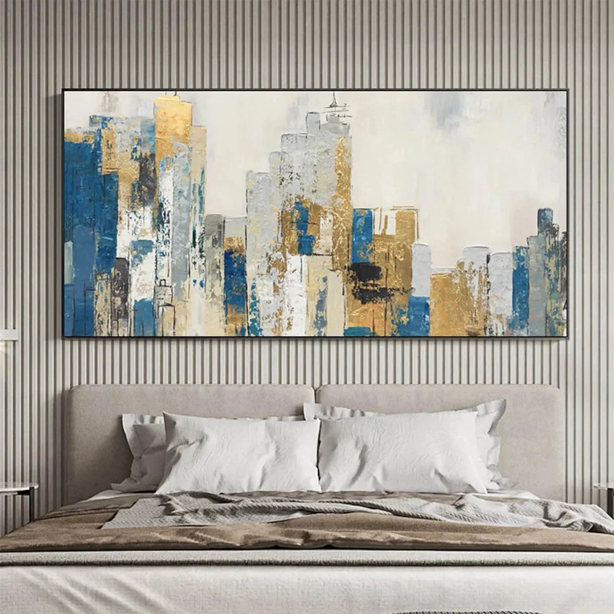 GOLDEN METROPOLIS: Abstract Cityscape Oil Painting in Gold and Blue | Abstract mood, soft natural light studio shot