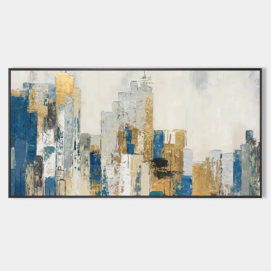GOLDEN METROPOLIS: Abstract Cityscape Oil Painting in Gold and Blue | hanging in living room, Abstract wall art