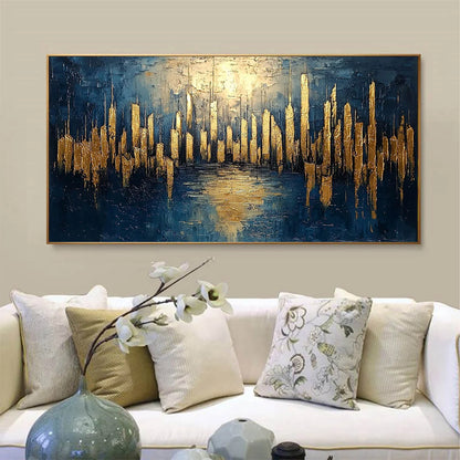 GOLDEN METROPOLIS: Panoramic Cityscape Oil Painting | Abstract closeup, raised brushwork detail