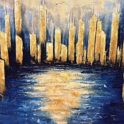 GOLDEN METROPOLIS: Panoramic Cityscape Oil Painting | rectangular format, hand-painted canvas edge