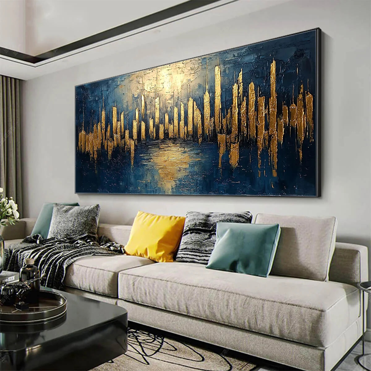 GOLDEN METROPOLIS: Panoramic Cityscape Oil Painting | gold frame stretched on neutral wall