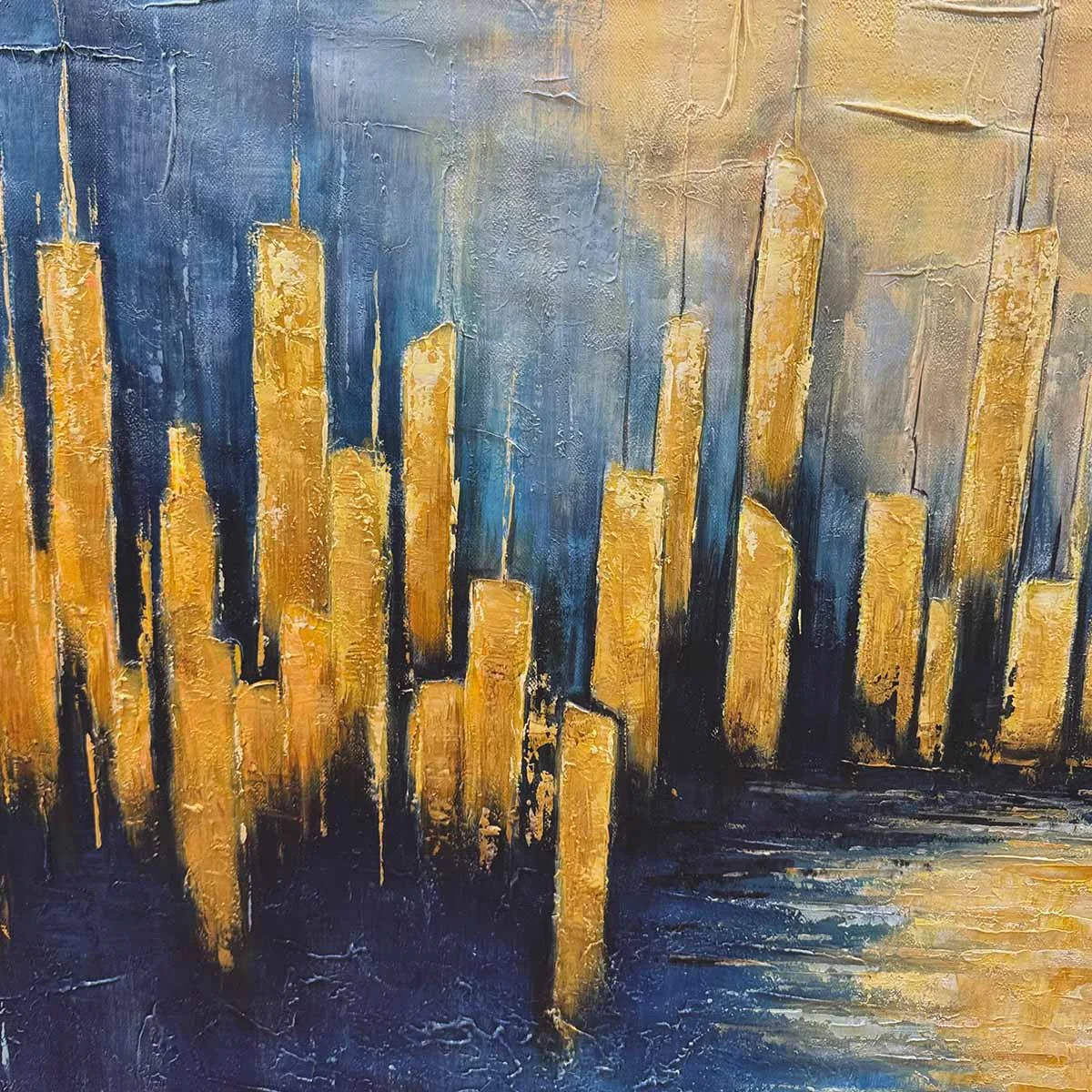 GOLDEN METROPOLIS: Panoramic Cityscape Oil Painting | rolled canvas, ready for custom framing