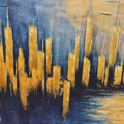 GOLDEN METROPOLIS: Panoramic Cityscape Oil Painting | rolled canvas, ready for custom framing