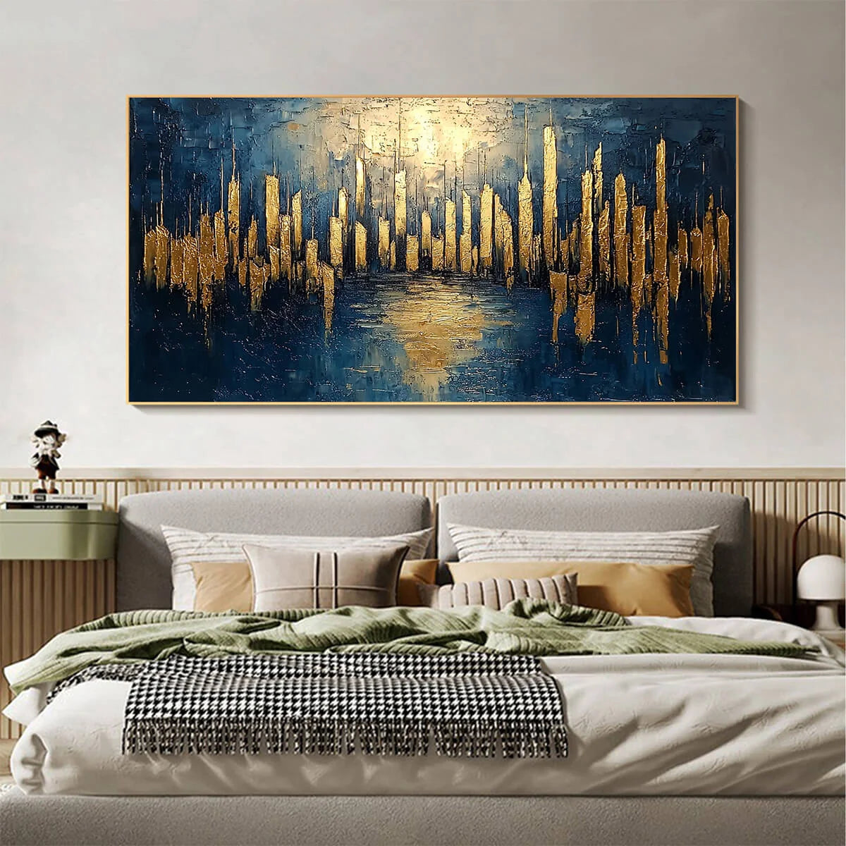 GOLDEN METROPOLIS: Panoramic Cityscape Oil Painting | black frame version on white wall