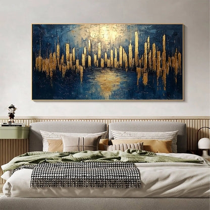 GOLDEN METROPOLIS: Panoramic Cityscape Oil Painting | black frame version on white wall