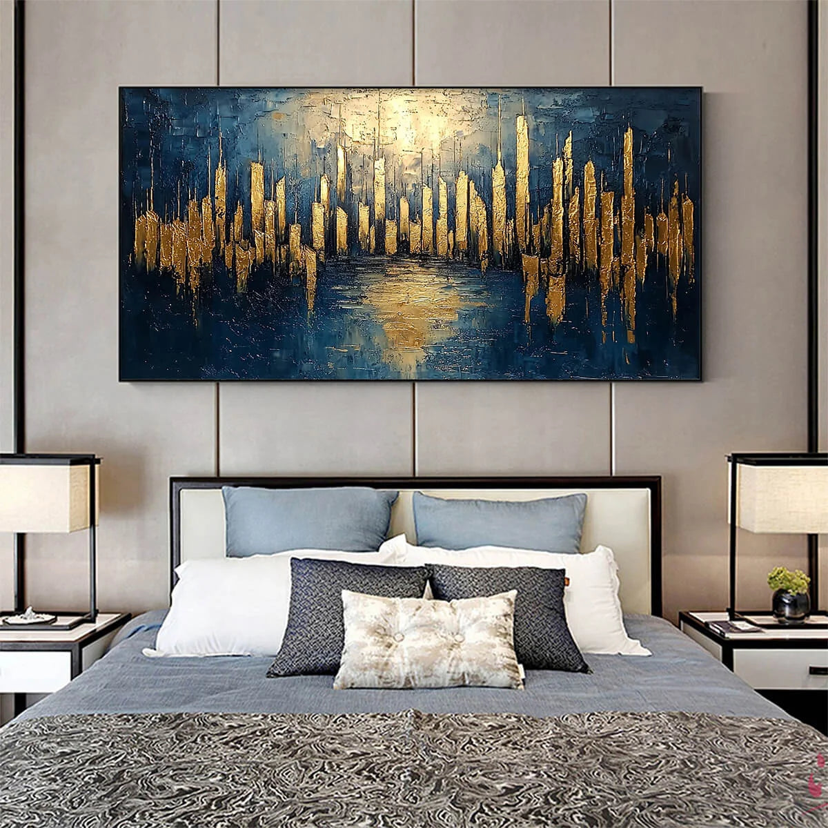GOLDEN METROPOLIS: Panoramic Cityscape Oil Painting | Abstract mood, soft natural light studio shot