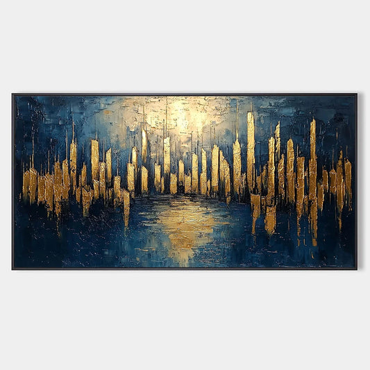 GOLDEN METROPOLIS: Panoramic Cityscape Oil Painting | hanging in living room, Abstract wall art