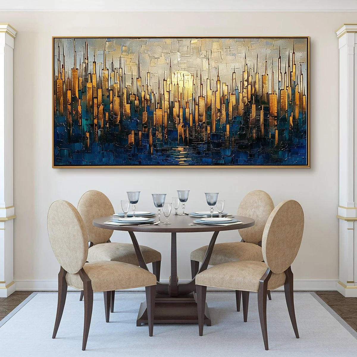 GOLDEN METROPOLIS: Textured Cityscape Oil Painting | Abstract closeup, raised brushwork detail