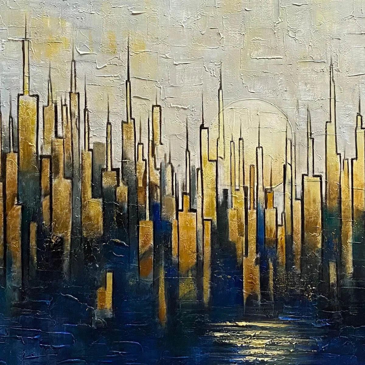 GOLDEN METROPOLIS: Textured Cityscape Oil Painting | rectangular format, hand-painted canvas edge