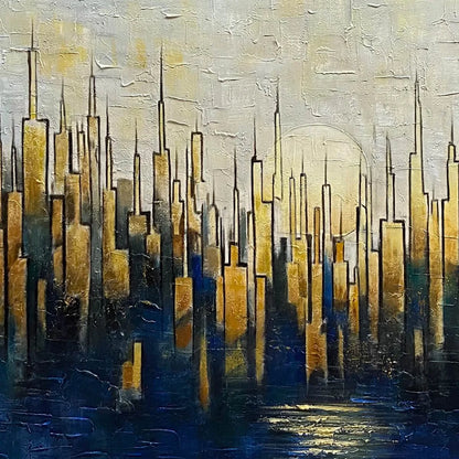 GOLDEN METROPOLIS: Textured Cityscape Oil Painting | rectangular format, hand-painted canvas edge
