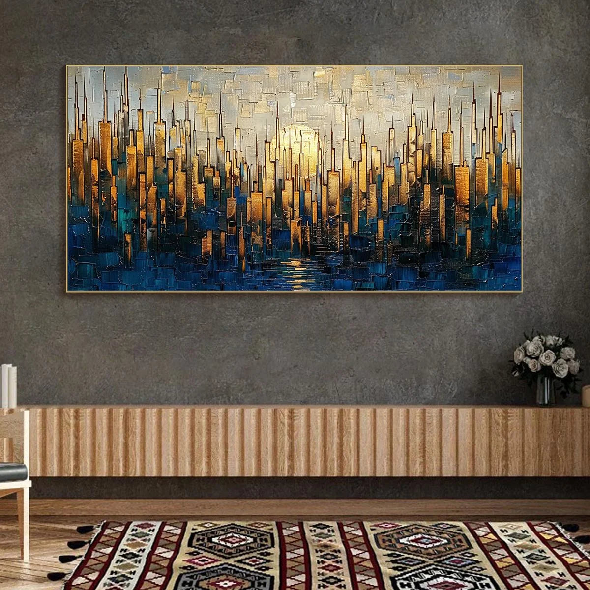 GOLDEN METROPOLIS: Textured Cityscape Oil Painting | gold frame stretched on neutral wall