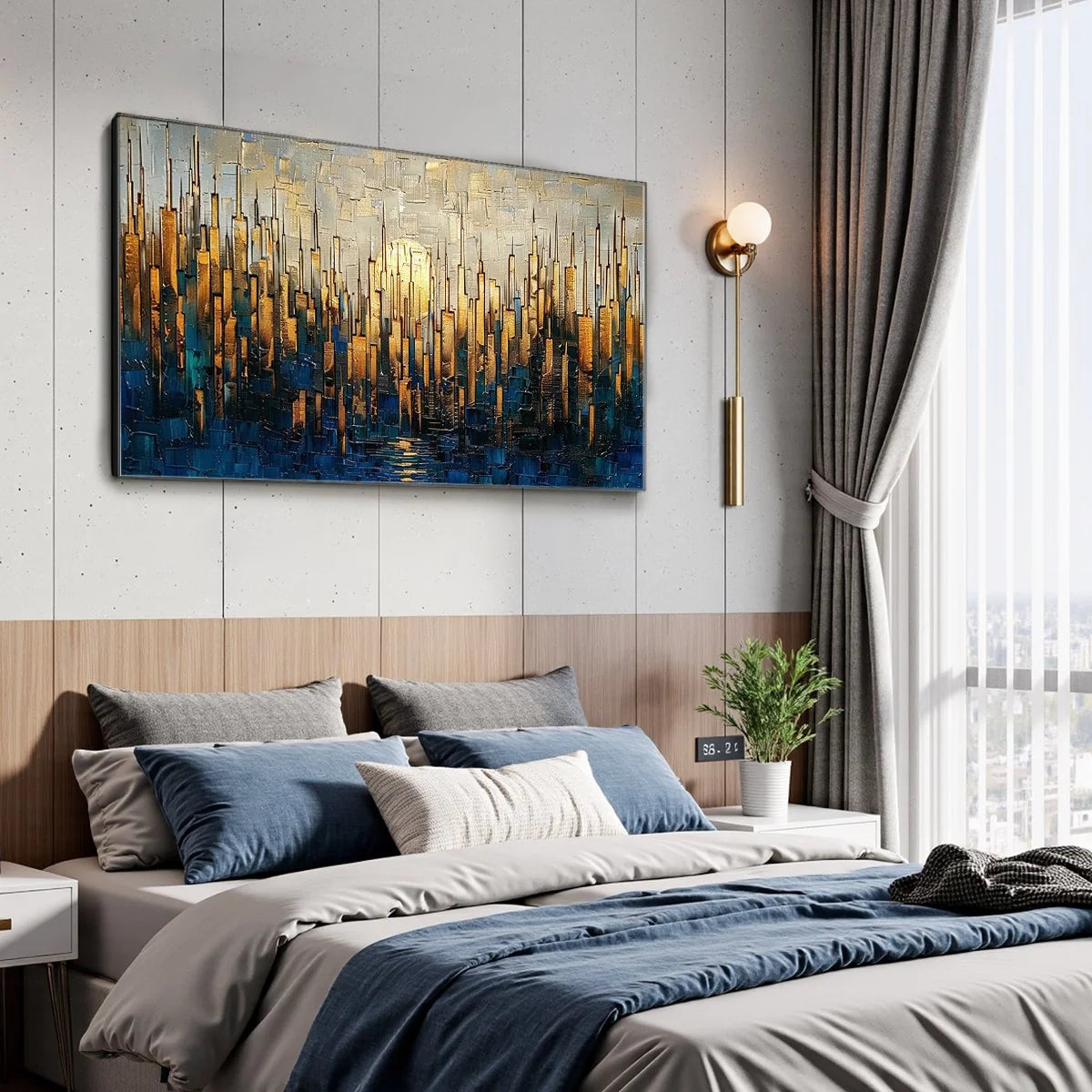 GOLDEN METROPOLIS: Textured Cityscape Oil Painting | black frame version on white wall