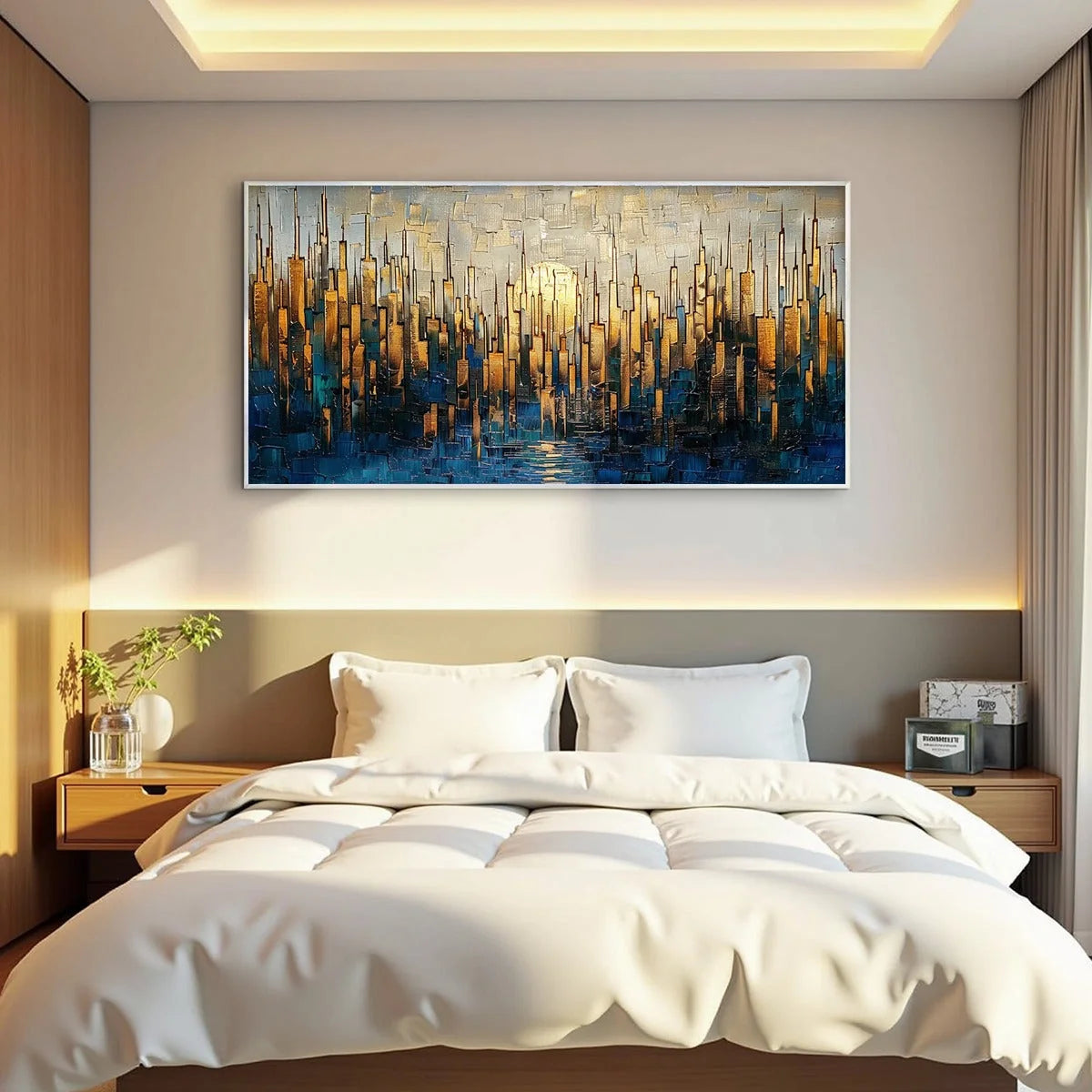 GOLDEN METROPOLIS: Textured Cityscape Oil Painting | Abstract mood, soft natural light studio shot