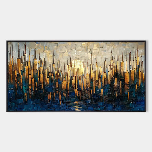GOLDEN METROPOLIS: Textured Cityscape Oil Painting | hanging in living room, Abstract wall art