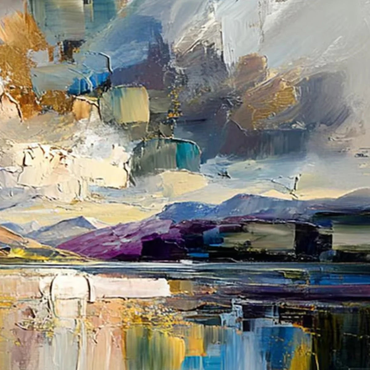 GOLDEN MIRROR: Palette Knife Impasto Mountain Lake Painting | rectangular format, hand-painted canvas edge
