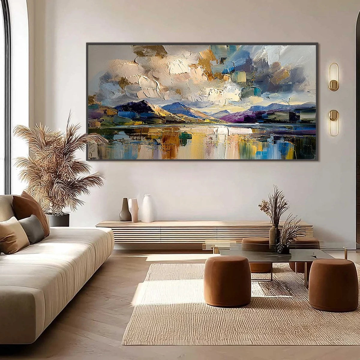 GOLDEN MIRROR: Palette Knife Impasto Mountain Lake Painting | gold frame stretched on neutral wall