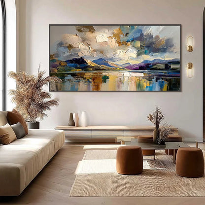 GOLDEN MIRROR: Palette Knife Impasto Mountain Lake Painting | gold frame stretched on neutral wall