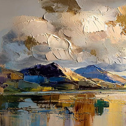 GOLDEN MIRROR: Palette Knife Impasto Mountain Lake Painting | rolled canvas, ready for custom framing