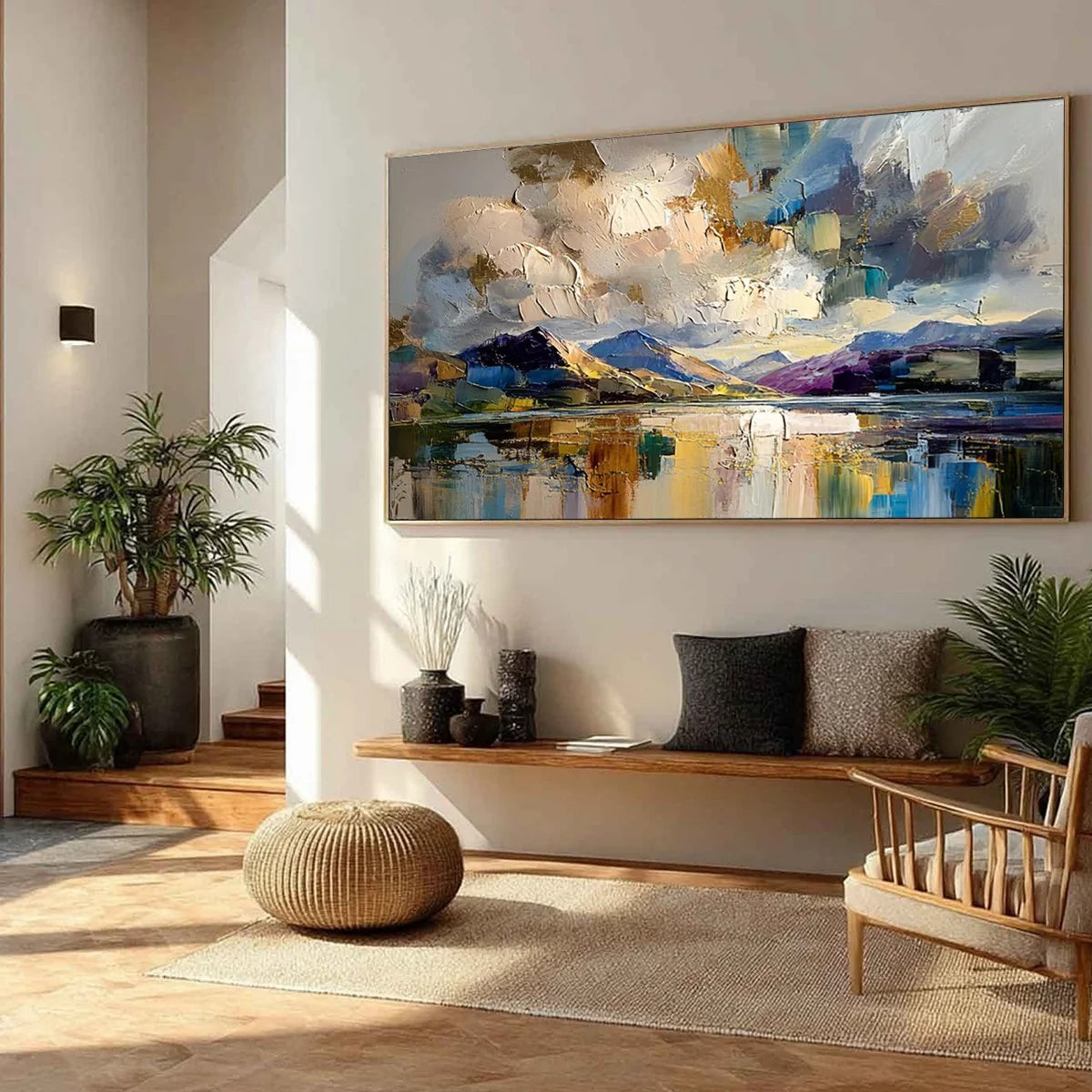GOLDEN MIRROR: Palette Knife Impasto Mountain Lake Painting | black frame version on white wall