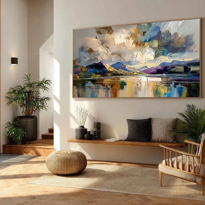 GOLDEN MIRROR: Palette Knife Impasto Mountain Lake Painting | black frame version on white wall