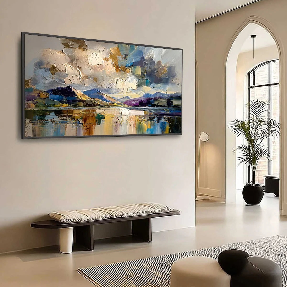 GOLDEN MIRROR: Palette Knife Impasto Mountain Lake Painting | Abstract mood, soft natural light studio shot