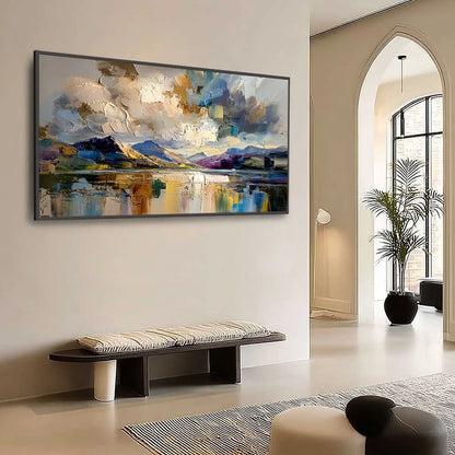 GOLDEN MIRROR: Palette Knife Impasto Mountain Lake Painting | Abstract mood, soft natural light studio shot