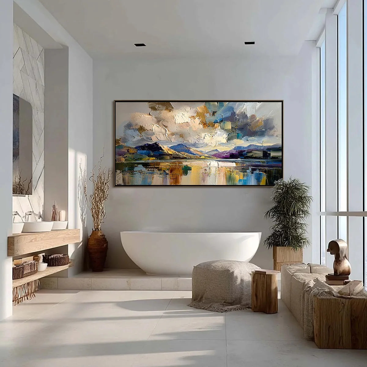 GOLDEN MIRROR: Palette Knife Impasto Mountain Lake Painting | yellow palette, original oil on stretched canvas art