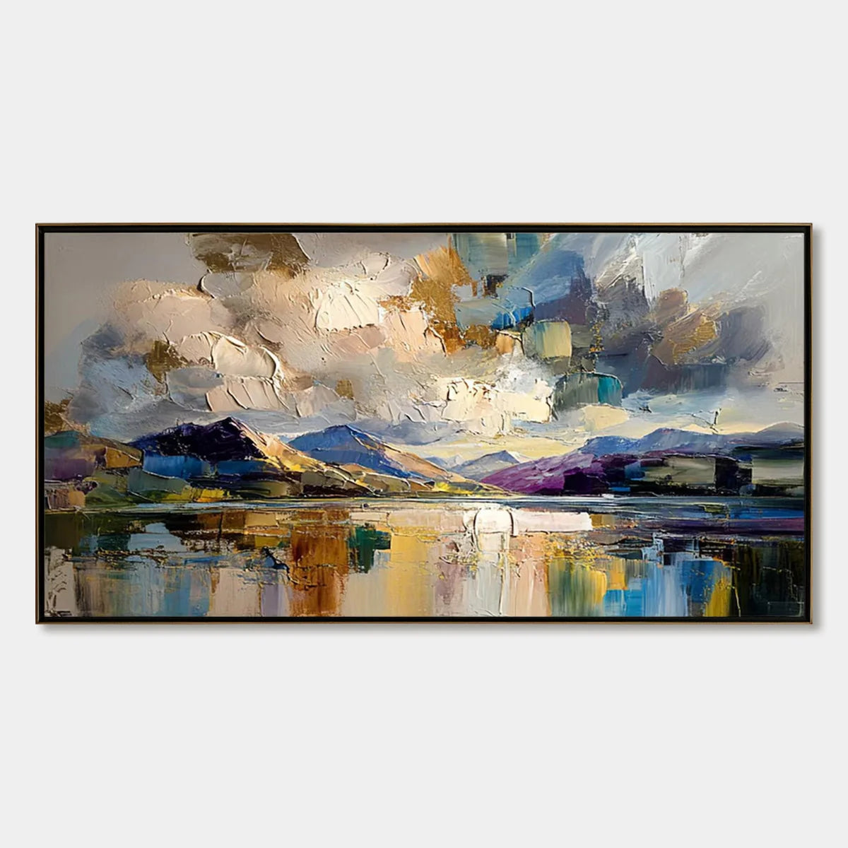 GOLDEN MIRROR: Palette Knife Impasto Mountain Lake Painting | hanging in living room, Abstract wall art