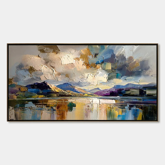 GOLDEN MIRROR: Palette Knife Impasto Mountain Lake Painting | hanging in living room, Abstract wall art