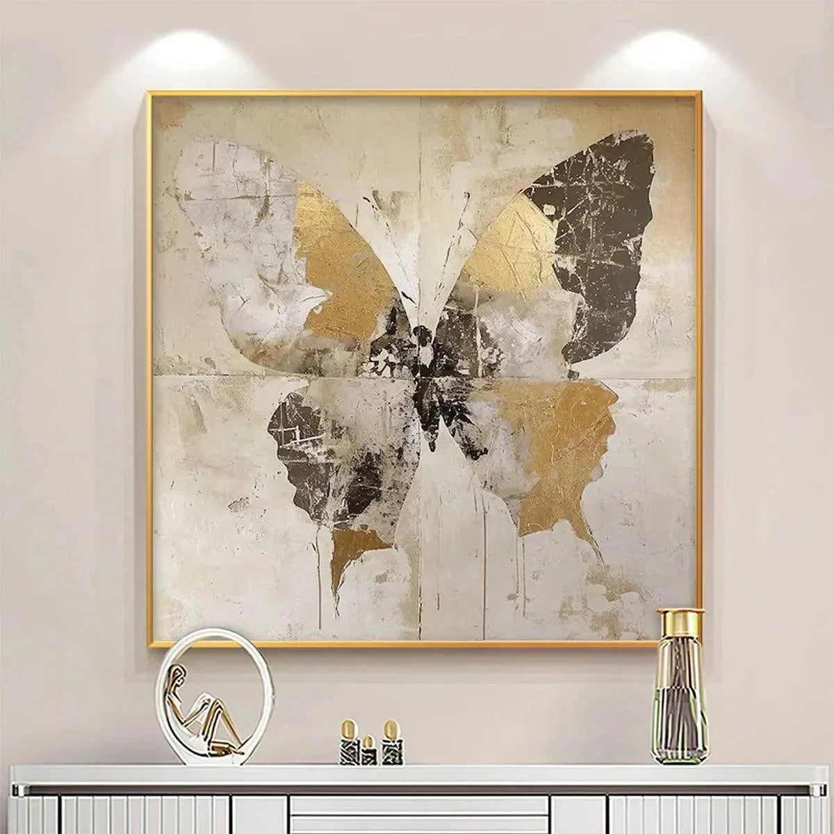 GOLDEN MONARCH: Gold Butterfly Painting, Square Canvas Art, Textured Wall Art, Beige and Gold Decor | Abstract closeup, raised brushwork detail
