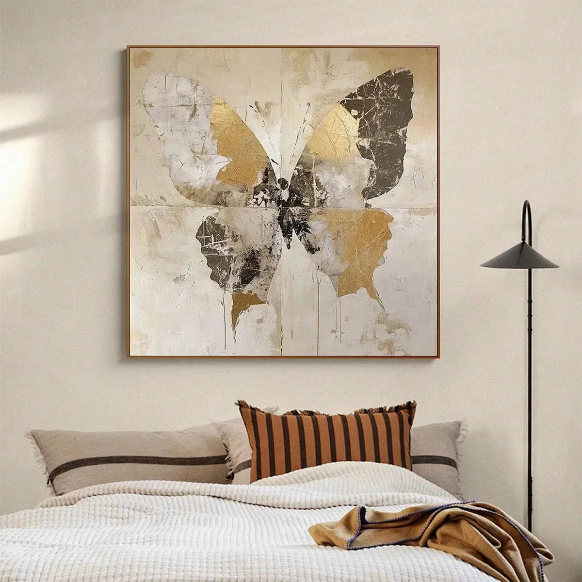 GOLDEN MONARCH: Gold Butterfly Painting, Square Canvas Art, Textured Wall Art, Beige and Gold Decor | gold frame stretched on neutral wall
