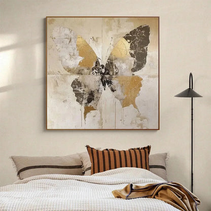 GOLDEN MONARCH: Gold Butterfly Painting, Square Canvas Art, Textured Wall Art, Beige and Gold Decor | gold frame stretched on neutral wall