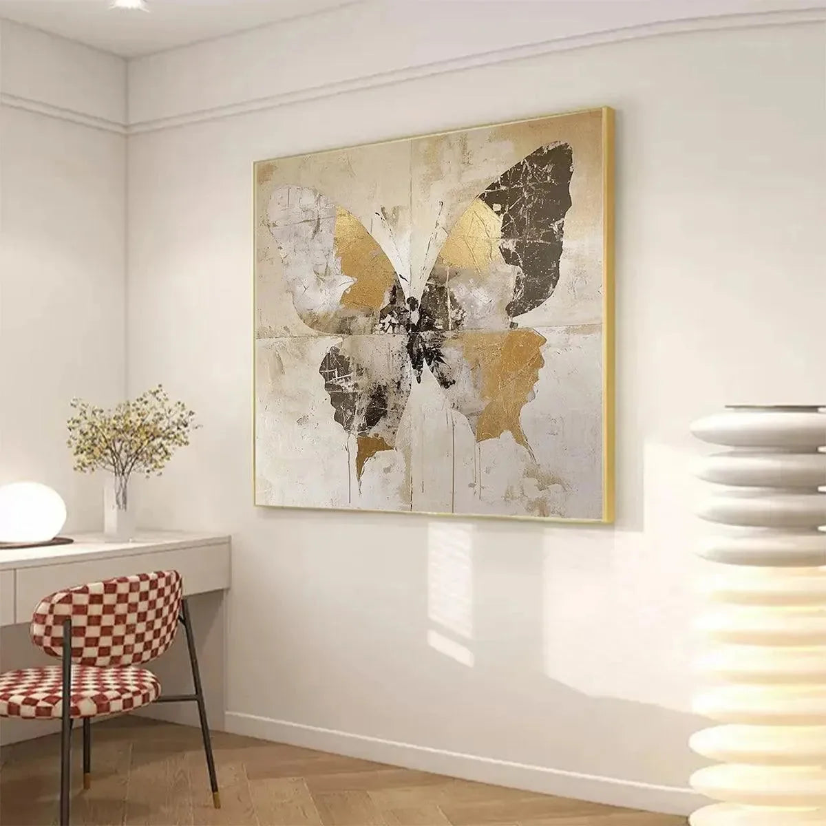 GOLDEN MONARCH: Gold Butterfly Painting, Square Canvas Art, Textured Wall Art, Beige and Gold Decor | rolled canvas, ready for custom framing